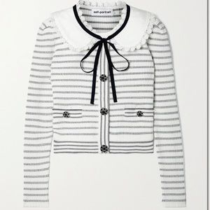 $415 Self Portrait lurex knit striped silver black white cardigan tie neck sz M